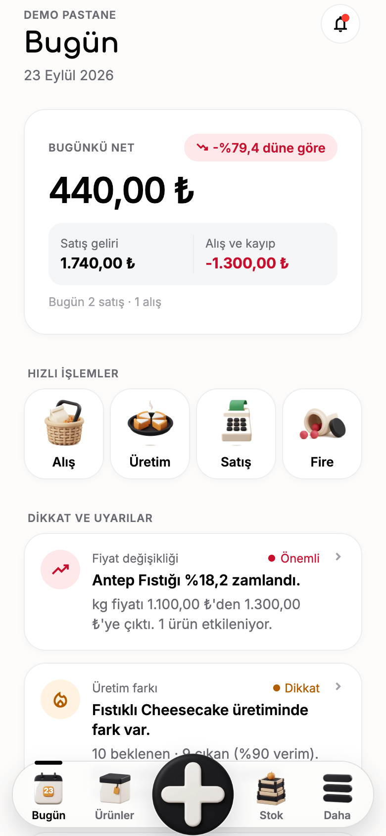 Çetele uygulamasının Bugün ekranı: günün net tutarı, hızlı işlemler ve uyarı kartları